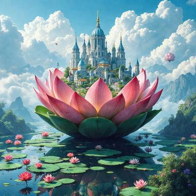 The primary subject of the image is a large, pink flower with a purple center, floating on top of a body of water. The flower is surrounded by a variety of smaller flowers, creating a vibrant and colorful scene. The setting is a serene, natural environment with a castle in the background, adding a sense of grandeur to the scene. The visual style is a combination of digital art and illustration, creating a unique and captivating image. The colors and mood of the image are predominantly p